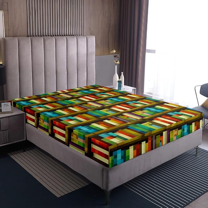 Pixel Video Game Kids Full Size Fitted Sheet,Bookshelf Pixelated Bookcase Room Decor,Gaming Geometric Grid Boys Girls Bed Sheets,Colorful Bedding Set,2 Pillowcases(No Flat)