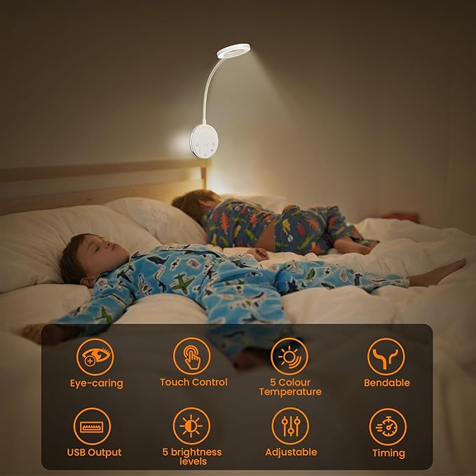 Wall Mounted Reading Light,Bedside Headboard Lights with 5 Color Temperature &5 Dimming,360°Flexible Gooseneck,USB Output, Night Light&Timer Function- Perfect for Reading (White)
