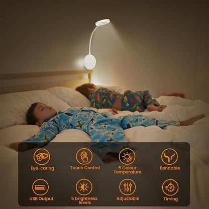 Wall Mounted Reading Light,Bedside Headboard Lights with 5 Color Temperature &5 Dimming,360°Flexible Gooseneck,USB Output, Night Light&Timer Function- Perfect for Reading (White)