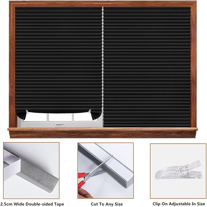 Window Blinds Cordless Blackout No Drill Cut to Size Clip On Stick On Self Adhesive Temporary Blinds Pleated Paper Blinds for Windows Doors Shades for Home Nursery Bedroom Kitchen Bathroom