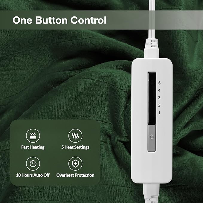 Electric Heated Blanket Full Size 72"x84",Fast Heating Throw, Soft Microplush for Bed & Couch, 10 Hours Auto Off & 5 Heating Levels, Machine Washable, Gifts for Grandma & Family-Green