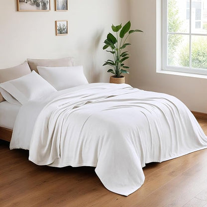 Queen Size Blanket, 70% Rayon (Derived from Bamboo) and 30% Cotton, Lightweight Jacquard Weave, Breathable and Soft Summer Blanket for Bed or Couch, 90” x 90”, White