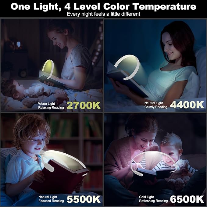 Rechargeable Book Light for Reading, 12 LED Eye-Care Reading Light, 4 Color Temperatures, Stepless Dimming, No Flicker, Evenly Distributed Lighting for Books, Perfect for Reader (White)
