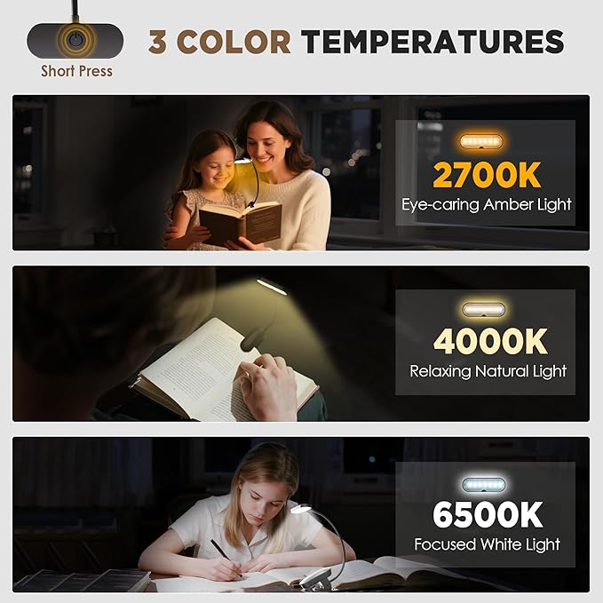 ARTIST'S DREAM Book Light for Reading at Night with 14 LEDs, 3 Eye-Caring Color Temperatures, Featuring Long Runtime and Lightweight Design - The Flexible Clip-On Book Light Designed for Book Lovers