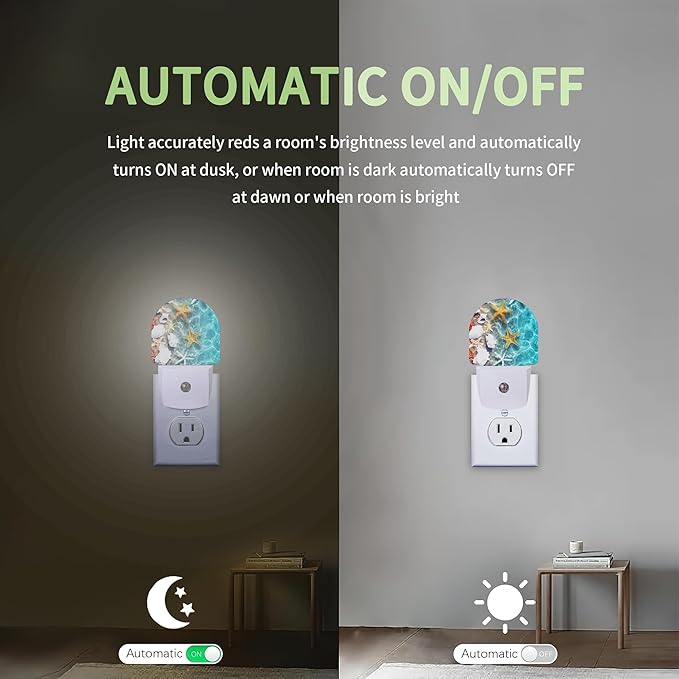 Seashell Starfish Night Light, Beach Night Light Plug into Wall with Dusk to Dawn Sensor, LED Lamp Energy Saving Lights for Men Women Boys Girls,Lamp for Bedroom Bathroom Hallway