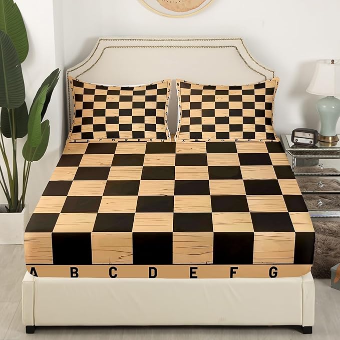 Manfei Geometric Grids Fitted Sheet Set with 2 Pillowcases,Retro International Chess Chic Sport Game Bed Sheet Teens,Brown Wooden Print Checkerboard Plaids Top Flat Sheet Luxury Microfiber,Queen Size