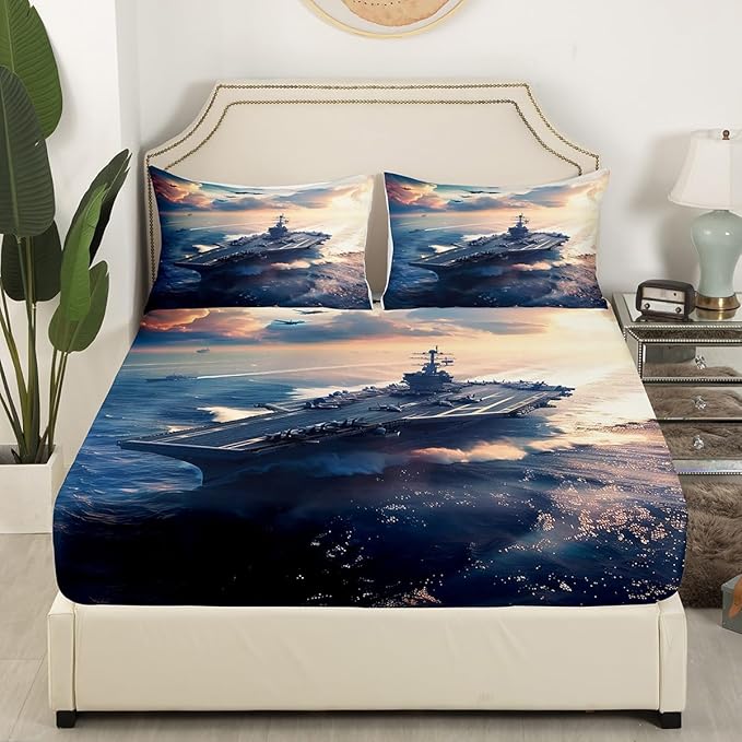 Warship Kids Fitted Sheet Queen Size,Warplane Aviation Aircraft Sea Surface Bedding Set,Boys Men Room Decor,Modern Fashion Bed Cover,Navy Blue White Bed Sheet,2 Pillowcases