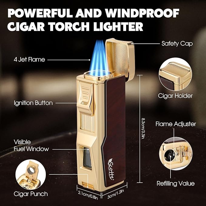 Scotte Cigar Humidor Box, Cedar Wood Lined Leather Case with Built-in Hygrometer & Humidifier, Torch Lighter with Cigar Holder & Punch - Portable Travel Humidor Kit (Dark Brown)