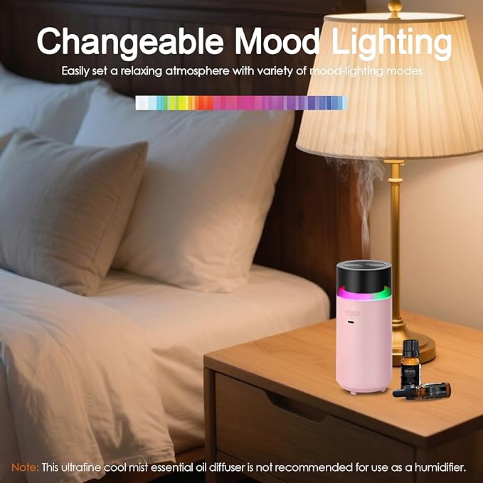 HODEMI Cordless Diffuser for Essential Oil,Portable Cool Mist Aromatherapy Car Diffuser,Built-in 3000mAH Rechargeable Battery,4/8 Timer Modes, Auto On/Off with Car,for Home,Office,Travel (Pink)
