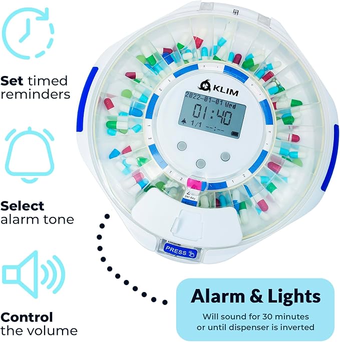KLIM Smart Pill Dispenser with Alarm - WiFi Monitoring App - 28-Day Automatic Medicine Dispenser for Elderly & Alzheimer’s Care - Lock Key - New Version
