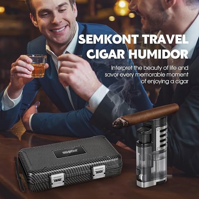 Cigar Humidor, Portable Travel Cigar Box, Double Cigar Humidor with Separate Storage for Cigar Accessories, Cigar Travel Case with Cigar Lighter(No Butane), Holds 5 Cigars (Carbon Fiber)