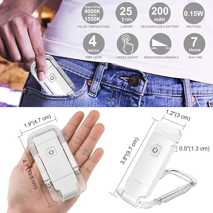 LUXSWAY USB Rechargeable Book Light for Reading,Small Book Reading Lights in Bed,Clip On Bookmark Kids Lights for Bed,Brightness Adjustable for Eye Care,2 4000K and 2 1550K LEDs for Bookworms