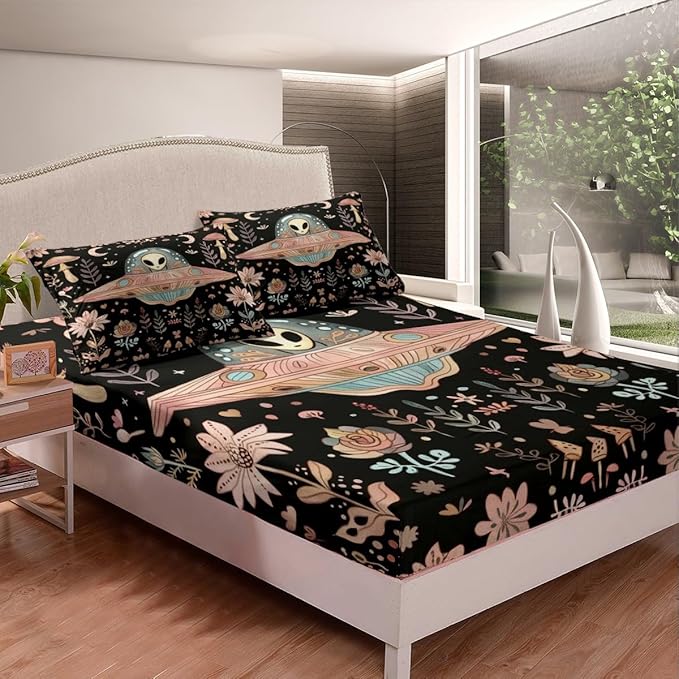 Manfei Alien Black Bed Sheet Set 3 Pieces,Outer Space Spaceship Starry Moon Microfiber Bedding Set Without Flat,Pink Mushroom Nature Botanical Flowers Plants Fitted Sheet,2 Pillow Cases,Full Size