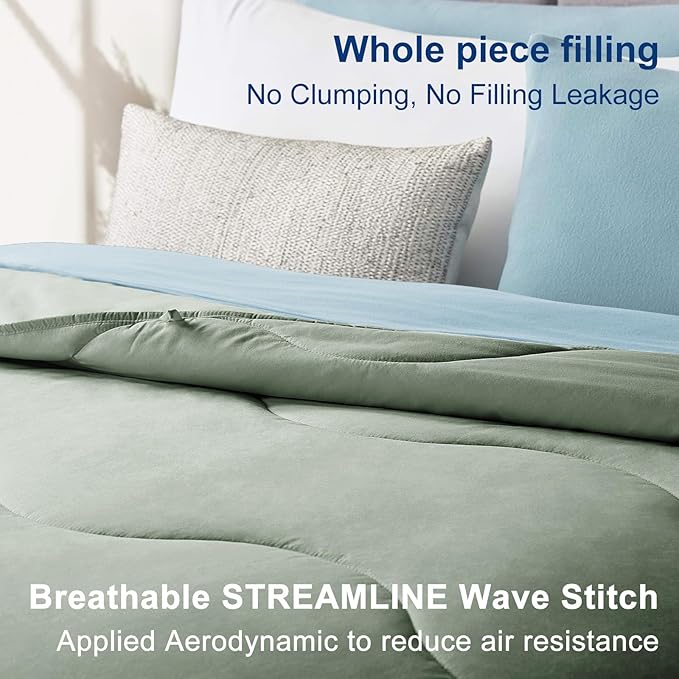 Lightweight Comforter Cooling Sage Green, All Season Duvet Insert Breathable Queen Size Summer Bedding, Soft Microfiber Cool Down Alternative Quilt with Corner Tabs, 88x88 inch