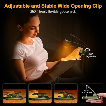 Gritin Rechargeable Book Light for Reading in Bed with 19 LED &Memory Function-Eye Caring 3 Color Temperatures,5 Brightness Levels,90 Hrs Runtime Flexible Goose Neck Clip on Light-Deep Green