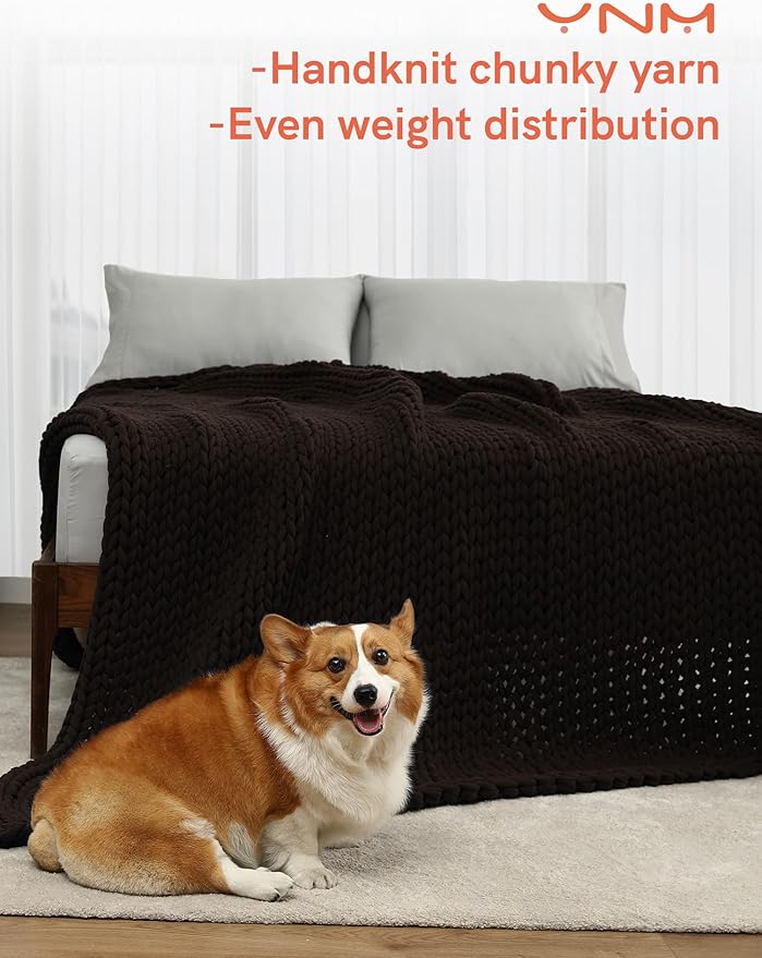 YnM Cotton Weighted Blanket, Handmade Chunky Knitted Design, Soft and Cozy, Temperature Regulating and Breathable, Machine Washable Throw for Sleep or Home Decor (Chocolate Brown, 48x72 Inch, 20lbs)
