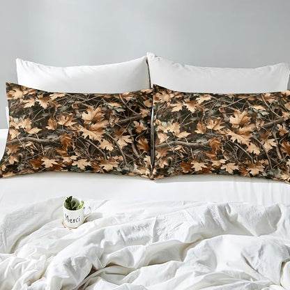 Camoflage Kids Fitted Sheet Full Size,Jungle Woods Fall Leaves Rustic Nature Bedding Set,Boys Girls Room Decor,Hunter Cabin Adventure Camo Bed Cover,Brown Bed Sheet,2 Pillowcases(No Top Sheet)