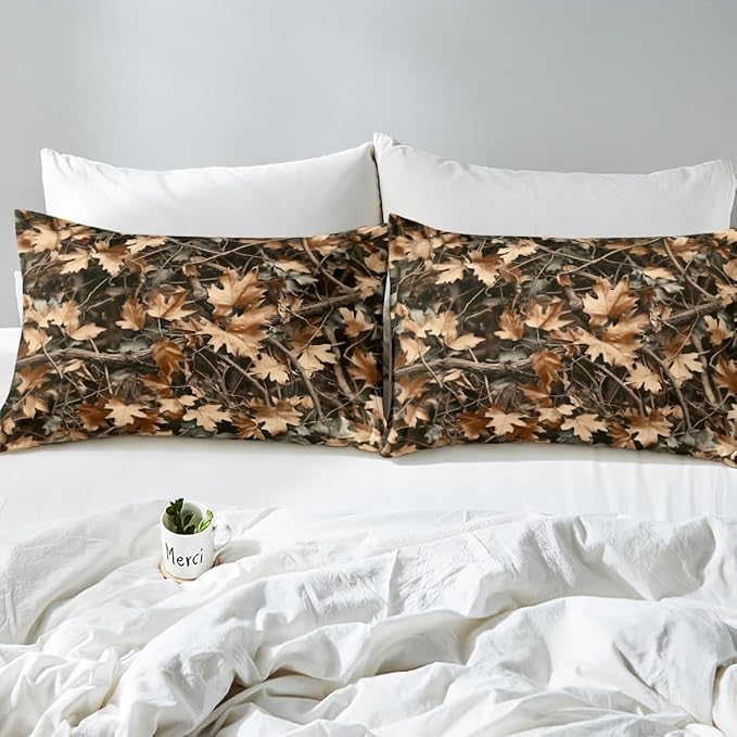 Camoflage Kids Fitted Sheet Queen Size,Jungle Woods Fall Leaves Rustic Nature Bedding Set,Boys Girls Room Decor,Hunter Cabin Adventure Camo Bed Cover,Brown Bed Sheet,2 Pillowcases(No Top Sheet)