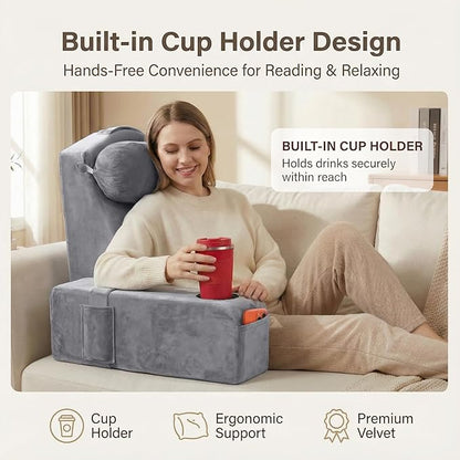 AS AWESLING 19 INCH Reading Pillow for Adults, Back Pillow for Bed Sitting Up, Backrest Pillow for Sitting in Bed, Detachable Arms with Built-in Cup & Phone Caddy (Gray, 19 INCH)