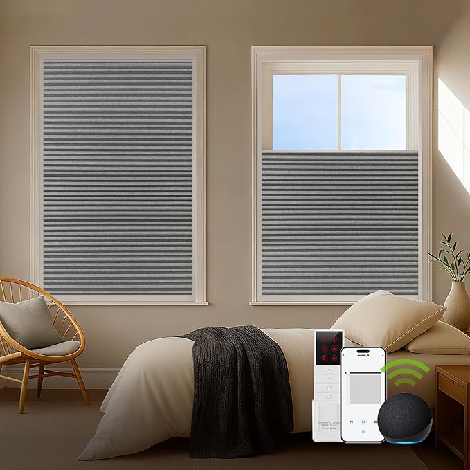 ZSTARR Motorized Skylight Shades Blackout Cellular Honeycomb Electric Blinds with Solar Panel Cordless Rechargeable with Remote for Roof and Slanted Windows (Blackout Silver Grey)