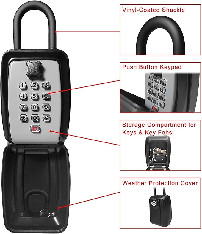 Push Button Lock Box,Outdoor Wall Mounted Key Storage Box with 10-Digit Keyboard Resettable Code,Protective Shell for Outside Weatherproof,Large Capacity,for Home,Outdoor,With Shackle
