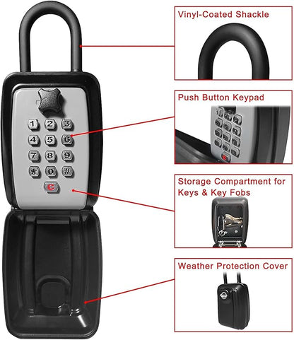Push Button Lock Box,Outdoor Wall Mounted Key Storage Box with 10-Digit Keyboard Resettable Code,Protective Shell for Outside Weatherproof,Large Capacity,for Home,Outdoor,With Shackle