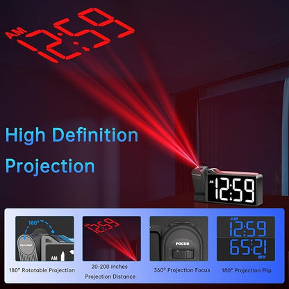 Peakeep Projection Alarm Clock for Bedroom Ceiling, Loud for Heavy Sleepers, RGB Nightlight Multi-Color Large Display 5 Brightness Dimmer, Plug in Bedside Electric LED Digital Clock with USB Port
