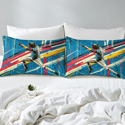 Manfei Fencing Fitted Sheet Queen Size, Sports Theme Bedding Set 3pcs, Fencer Player Sword Fighting Bed Cover with 2 Pillowcases, Kids Boys Teens Adults Room Decor, Soft Bedding(No Top Sheet)