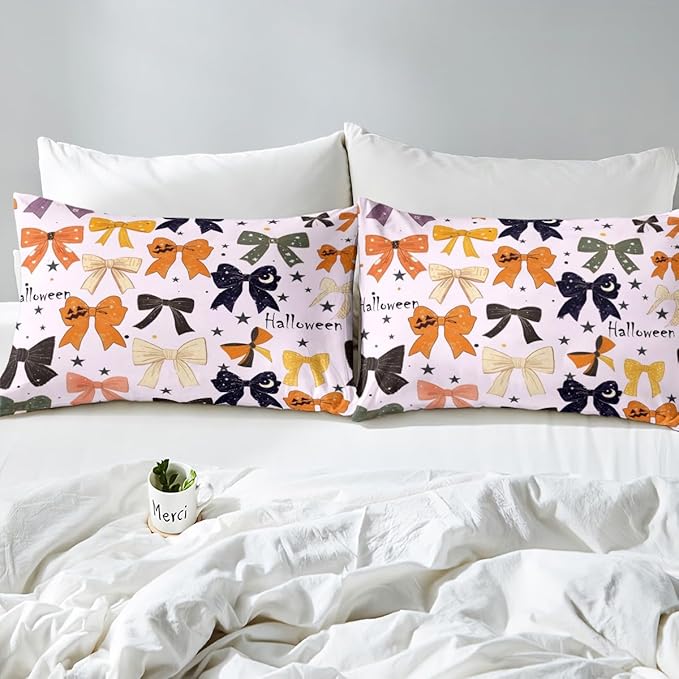 Halloween Bowknots Bed Sheet Set Princess Bow-tie Dreamy Girly Bow Fitted Sheet for Ultra Soft Halloween Pumpkin Starry Moon Glitter Purple Bedding Cover Set Room Decor Queen (No Flat Sheet)