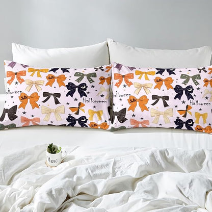 Halloween Bowknots Bed Sheet Set Princess Bow-tie Dreamy Girly Bow Fitted Sheet for Ultra Soft Halloween Pumpkin Starry Moon Glitter Purple Bedding Cover Set Room Decor Queen (No Flat Sheet)