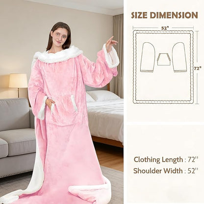 Wearable Heated Blanket with Foot Pocket, 52"x72" Electric Blanket with Sleeves for 12 Hours Timer6 Heat Settings, Flannel & Sherpa, Pink