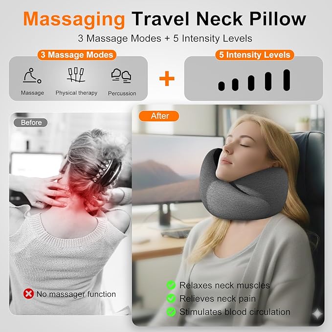 Travel Neck Pillow Airplane 3 in 1 with Heating Massage, Memory Foam Cervical Pillow, 360º Ergonomic Design, Asymmetrical Sides Portable for Airplane Car Office Sleeping Essentials, Breathable Cover