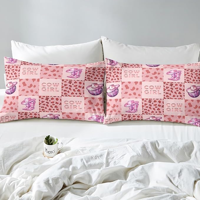 Cowgirl Fitted Sheet,Rustic Pink Cow Fur Plaids Patchwork Sheet Set for Adults Ultra Soft Room Gift,Princess Western Tribal Boots Hats Glitter Planet Bedding Set with 2 Pillowcases,Queen Size