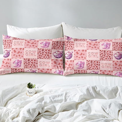 Cowgirl Fitted Sheet,Rustic Pink Cow Fur Plaids Patchwork Sheet Set for Adults Ultra Soft Room Gift,Princess Western Tribal Boots Hats Glitter Planet Bedding Set with 2 Pillowcases,Queen Size