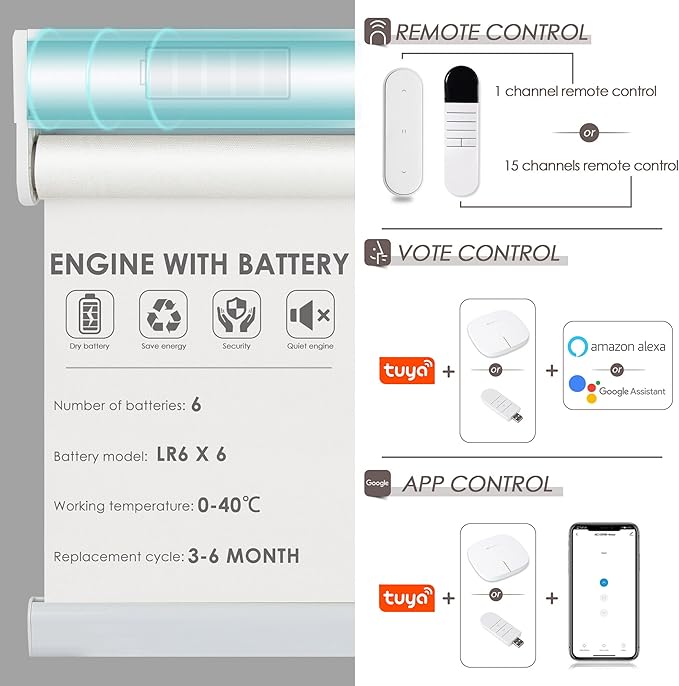 Allesin Motorized Roller Shade Compatible with Alexa for Window, 60% Blackout Smart Shades Cordless with Remote Control, Electric Automated Blinds for Window, Customized Size, Dry Battery(White)