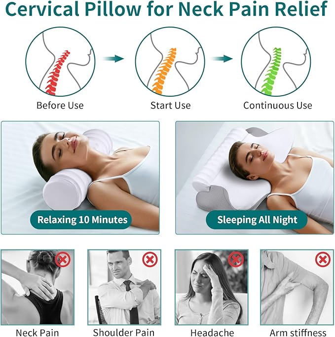 Cervical Neck Pillow - Ergonomic Memory Foam Contour Pillows for Side, Back & Stomach Sleepers, Cervical Pillow for Neck Support Sleeping with Breathable Cover