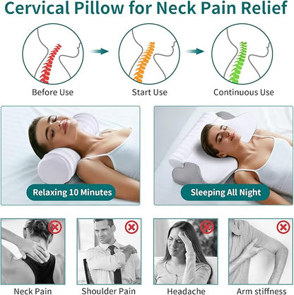 Cervical Neck Pillow - Ergonomic Memory Foam Contour Pillows for Side, Back & Stomach Sleepers, Cervical Pillow for Neck Support Sleeping with Breathable Cover