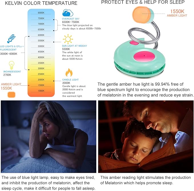 LUXSWAY Rechargeable Reading Book Light for Kids,LED Reading Light for Books in Bed,Amber Book Lights with Clip,Flexible Gooseneck,Cute Bookmark Lights for Bookworms-Blue