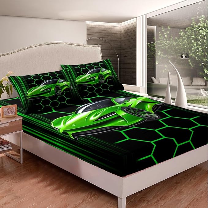 Racing Car Theme Bedding Set Twin Size Honeycomb Geometric Bed Set for Teens Bedroom Decor Kids Sheet Microfiber Extreme Sports Bed Cover(1 Fitted Sheet+1 Pillow Case)