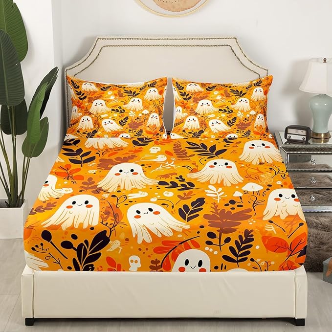 Halloween Ghosts Fitted Sheet Set with 2 Pillowcase,Cute Ghost Skull Graffiti Trippy Microfiber Mattress Cover,Rustic Farmhouse Botanical Leaves Orange Bed Cover Queen Size