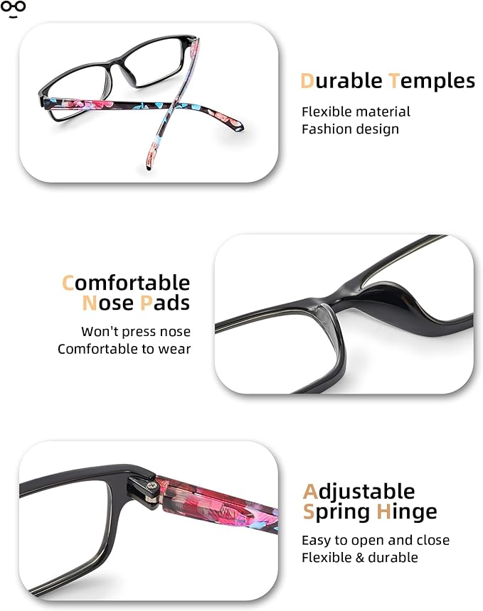 Reading Glasses for Women, 5 Pack Blue Light Blocking Readers, Lightweight Eyeglasses with Spring Hinge