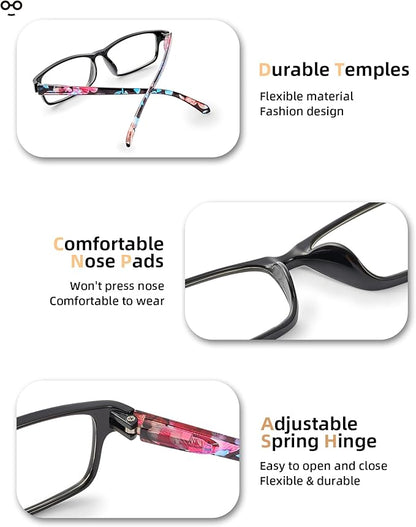 Reading Glasses for Women, 5 Pack Blue Light Blocking Readers, Lightweight Eyeglasses with Spring Hinge