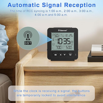 Geevon Small Digital Alarm Clock for Heavy Sleepers, Portable Travel Atomic Clock with Battery Powered, Compact Desk Table Clock with Auto Light Night, Dual Alarms, 8s Backlight for Bedroom, Black