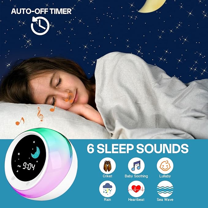 I.CODE Sun & Moon Rise Kids Alarm Clock, Children's Sleep Trainer ,Sleep Sound Machine, Wake Up Light & Night Light ,Teach Kids Day & Night