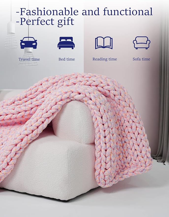 YnM Weighted Blanket, Handmade Chunky Knitted Design, Soft and Cozy, Temperature Regulating and Breathable, Machine Washable Throw for Sleep or Home Decor (Pink Fancy Yarn, 50x60 Inch, 10lbs)