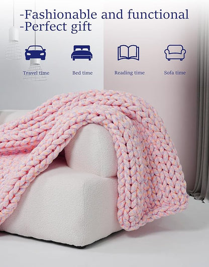 YnM Weighted Blanket, Handmade Chunky Knitted Design, Soft and Cozy, Temperature Regulating and Breathable, Machine Washable Throw for Sleep or Home Decor (Pink Fancy Yarn, 50x60 Inch, 10lbs)