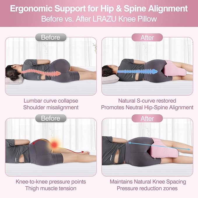 Knee Pillow for Side Sleepers, Memory Foam Leg Pillow Between Knees, Relieves Back, Hip & Knee Pain While Aligning Spine, Adjustable Strap, 14 Inch (Pink)
