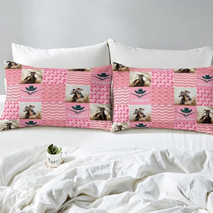 Western Cowgirl Bed Sheet Set Tribal Cowgirl Hats Horseshoe Rustic Farm Sheet Sets Deep Pocket(No Flat Sheet),Vintage Pink Plaids Patchwork Mattress Cover,Twin with 1 Pillowcase