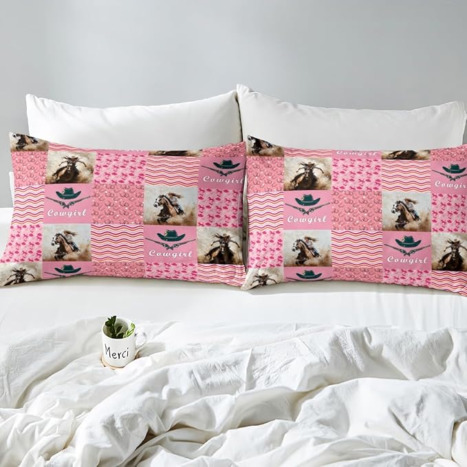 Western Cowgirl Bed Sheet Set 3 Pieces,Tribal Cowgirl Hats Horseshoe Rustic Farm Bedding Set(No Flat Sheet),Vintage Pink Plaids Patchwork Fitted Sheet,2 Pillow Cases,Full Size