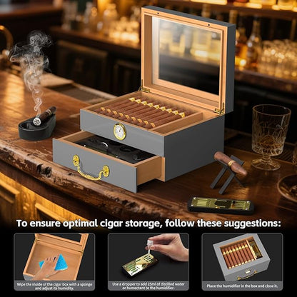 Cigar Humidor Box - Spanish Cedar Small Table Top Humidors for 20-50 Cigars with Accessories and Humidifier - Storage Drawer - Stylish Desktop Cigar Holder for Men - Portable Travel Case Light Gray